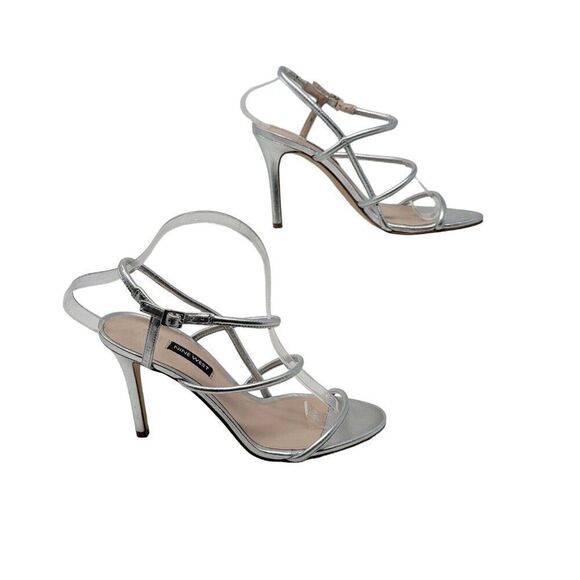 Nine West Metallic Silver Leather Formal Strappy Stiletto Heels 8 Glam NWMERICIA - Picture 5 of 14